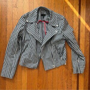 J. Crew blue gingham moto jacket checkered 12 L EUC coat linen blend